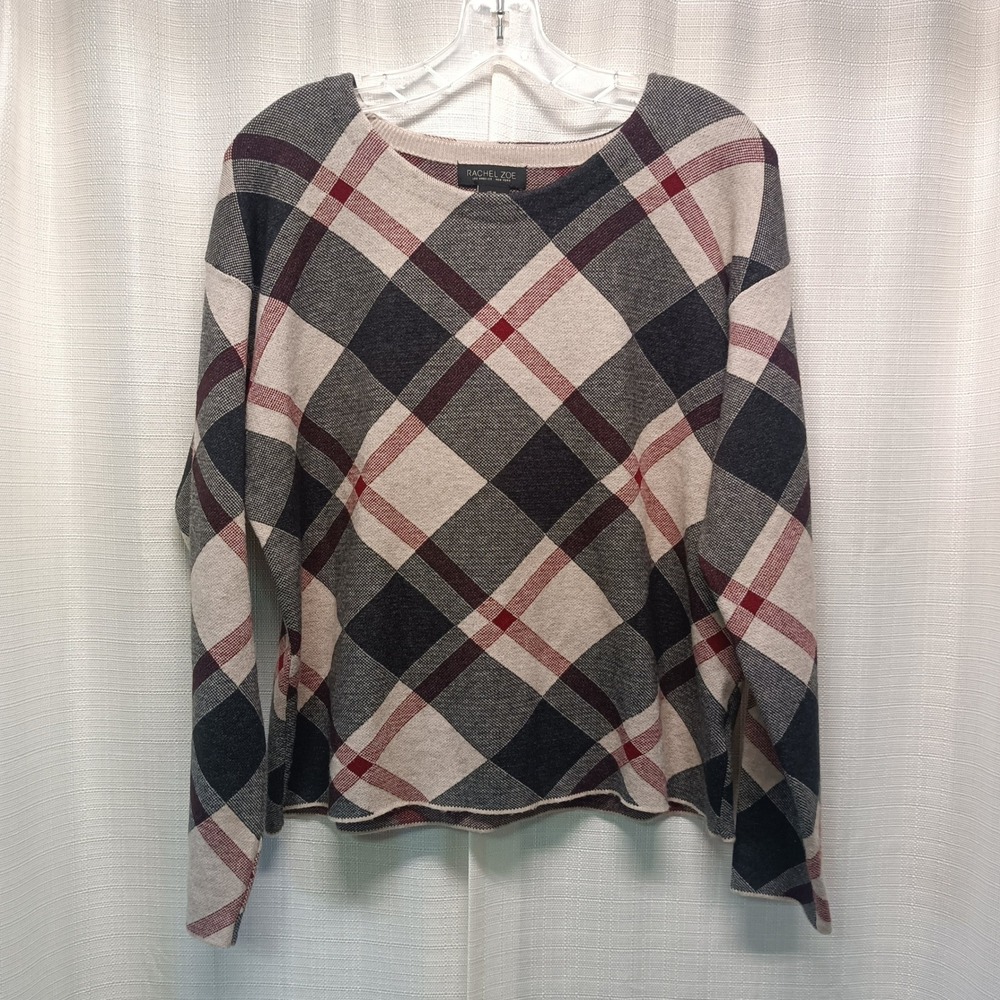 Rachel Zoe‎ Womens M Plaid Long Sleeve Pullover Sweater Black Beige Red Casual